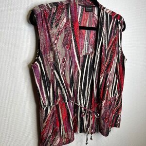 Vamp y2k Abstract Print Sleeveless Top‎ Collared Tie Waist Red Purple L/L